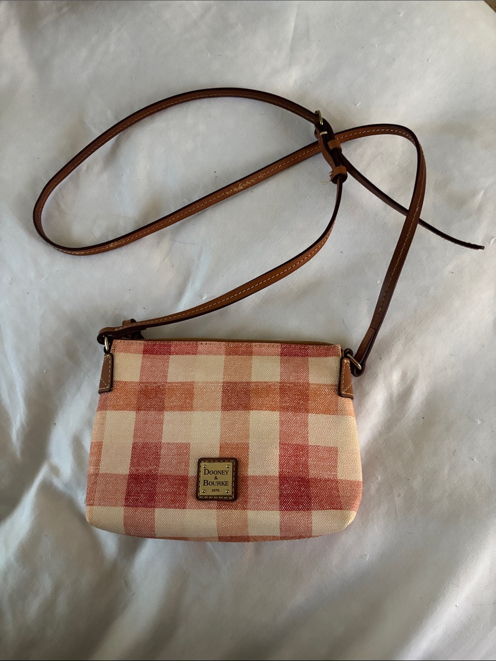 Dooney & Bourke Pink and Cream Plaid Crossbody with Brown Leather Trim